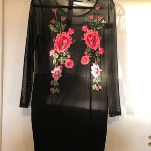Floral embroidered black body con dress with mesh